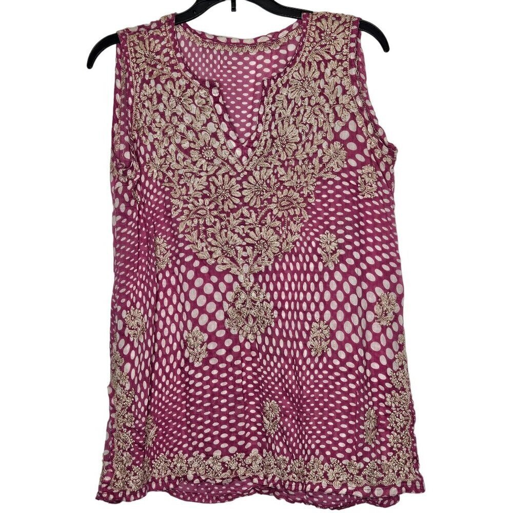 Brand Unknown Sleeveless Pink Polka Dot Top With Floral Tan Embroidery sz Medium